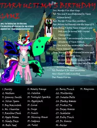 Size: 948x1247 | Tagged: safe, derpibooru import, apple bloom, applejack, archer (character), babs seed, berry punch, berryshine, big macintosh, cheerilee, derpy hooves, dinky hooves, doctor whooves, fluttershy, granny smith, hondo flanks, mosely orange, pinkie pie, princess cadance, princess celestia, princess luna, rainbow dash, rarity, ruby pinch, scootablue, scootaloo, shady daze, shining armor, silver spoon, snails, snips, sweetie belle, time turner, truffle shuffle, twilight sparkle, twilight sparkle (alicorn), twist, uncle orange, alicorn, pony, birthday game, exploitable meme, female, mare, meme, shitstorm, text, tiara ultima