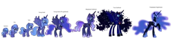 Size: 3840x864 | Tagged: safe, artist:bronybase, artist:firepony-bases, artist:puetsua, artist:starryoak, derpibooru import, nightmare moon, princess luna, pony, age difference, age progression, age regression, aging, comparison, ethereal mane, female, filly, galaxy mane, hoof shoes, older, s1 luna, simple background, starry mane, transparent background, ultimate luna, woona, younger