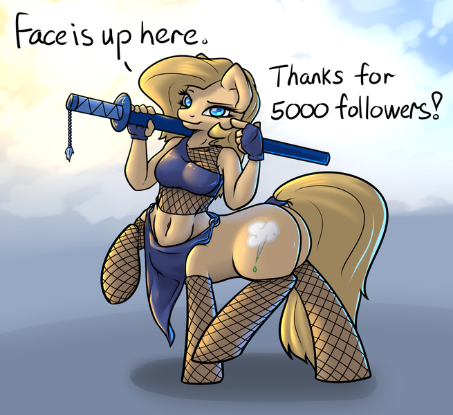 Size: 1200x1100 | Tagged: anthro, anthro centaur, artist:slavedemorto, belly button, breasts, centaur, derpibooru import, fishnets, oc, oc:backy, ponytaur, suggestive, sword, taur, unofficial characters only, weapon