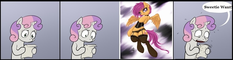 Size: 1166x302 | Tagged: artist:tt-n, black underwear, clothes, derpibooru import, exploitable meme, lingerie, meme, obligatory pony, panties, scootaloo, suggestive, sweetie belle, sweetie's note meme, underwear