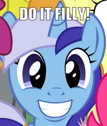 Size: 632x745 | Tagged: applebuck season, berry punch, berryshine, caption, carrot top, derpibooru import, do it filly, edit, edited screencap, faic, golden harvest, image macro, meme, minuette, pinkie pie, safe, screencap, text