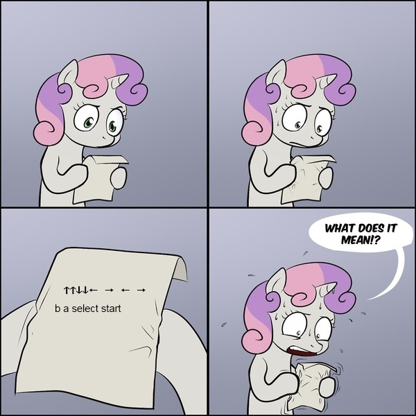 Size: 600x600 | Tagged: safe, derpibooru import, sweetie belle, pony, unicorn, code, dialogue, exploitable meme, female, filly, game, konami code, meme, nintendo entertainment system, obligatory pony, open mouth, paper, shrunken pupils, solo, sweat, sweetie's note meme