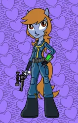 Size: 1004x1584 | Tagged: safe, artist:dontaskforcookie, derpibooru import, oc, oc:littlepip, unofficial characters only, unicorn, fallout equestria, fanfic, equestria girls, abstract background, clothes, equestria girls prototype, equestria girls-ified, fanfic art, female, gun, handgun, little macintosh, mare, optical sight, pipbuck, ponied up, revolver, solo, vault suit, weapon
