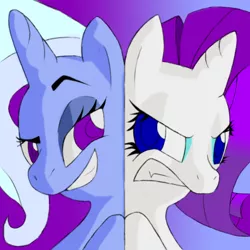 Size: 1000x1000 | Tagged: angry, artist:facelessguru, derpibooru import, grin, rarity, safe, smiling, trixie