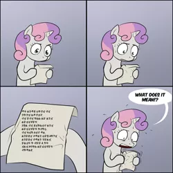 Size: 1280x1280 | Tagged: safe, derpibooru import, sweetie belle, pony, unicorn, comic, confused, dialogue, exploitable meme, meme, obligatory pony, solo, sweat, sweetie's note meme