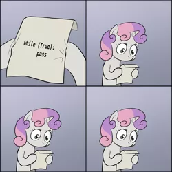 Size: 1277x1276 | Tagged: safe, derpibooru import, sweetie belle, pony, robot, unicorn, comic, exploitable meme, female, filly, foal, hooves, horn, infinite loop, meme, obligatory pony, programming, python (language), solo, sweetie bot, sweetie's note meme, text