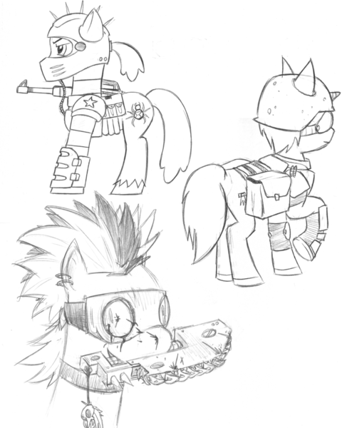 Size: 800x1000 | Tagged: artist:dontaskforcookie, derpibooru import, fallout equestria, oc, raider, semi-grimdark, sketch, sketch dump, unofficial characters only