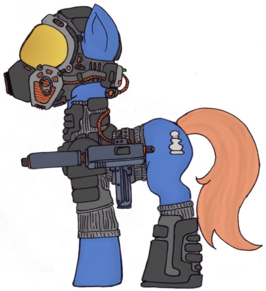 Size: 862x946 | Tagged: armor, artist:dontaskforcookie, derpibooru import, fallout equestria, gas mask, gun, mask, oc, safe, suppressor, unofficial characters only, weapon