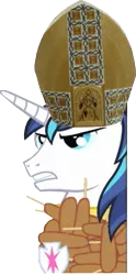 Size: 295x593 | Tagged: corn, corndog, derp, derpibooru import, food, francis sparkle, friendship is witchcraft, outfit made of corndogs, pope, safe, sausage, shining armor, wat