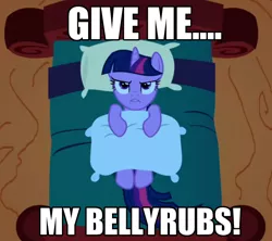 Size: 808x716 | Tagged: bed, bellyrubs, bronybait, caption, derpibooru import, edit, edited screencap, friendship is magic, image macro, meme, safe, screencap, solo, text, twilight sparkle