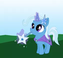 Size: 800x739 | Tagged: safe, artist:proteusiii, derpibooru import, trixie, pony, unicorn, cute, diatrixes, female, filly, hair ornament, magic, mare, mouth hold, smiling, solo, stars, wand