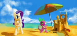 Size: 3000x1400 | Tagged: artist:paladin, beach, castle, crab, derpibooru import, rarity, safe, sandcastle, spike