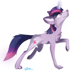 Size: 1181x1181 | Tagged: safe, artist:affanita, derpibooru import, twilight sparkle, wolf, horn, magic, solo, species swap, twiwolf, wolfified