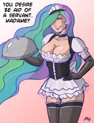 Size: 720x945 | Tagged: artist:allosaurus, artist:megasweet, breasts, busty princess celestia, cleavage, clothes, derpibooru import, evening gloves, female, gloves, human, humanized, long gloves, maid, princess celestia, solo, solo female, suggestive