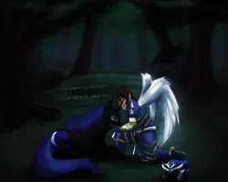 Size: 5000x4000 | Tagged: aftermath, armor, artist needed, blood, crying, dark, defeated, derpibooru import, element of humanity, fanfic:the lost element, forest, helmet, human, missing accessory, nightmare moon, oc, petting, prone, sad, semi-grimdark, seventh element, wings