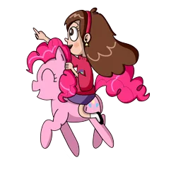 Size: 2051x2119 | Tagged: artist:lila79, crossover, derpibooru import, gravity falls, humans riding ponies, mabel pines, pinkie pie, riding, safe