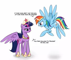 Size: 1480x1237 | Tagged: safe, artist:twilite-sparkleplz, derpibooru import, rainbow dash, twilight sparkle, twilight sparkle (alicorn), alicorn, pony, challenge, crown, dialogue, eye contact, female, flying, jewelry, looking at each other, mare, regalia, simple background, smiling, smug, smuglight sparkle, white background