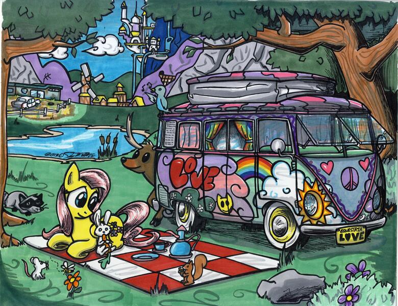 Size: 3312x2548 | Tagged: safe, artist:sketchywolf-13, derpibooru import, angel bunny, fluttershy, bee, bird, deer, insect, mouse, pegasus, pony, raccoon, squirrel, canterlot.l, car, carrot, cup, female, flower, food, hippie, hippieshy, mare, picnic, ponyville, traditional art, van, vehicle