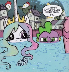 Size: 412x433 | Tagged: artist:katiecandraw, cockatrice, comic, cute, cutelestia, derpibooru import, glare, hiding, idw, official, official comic, princess celestia, safe, spike, wet, wet mane