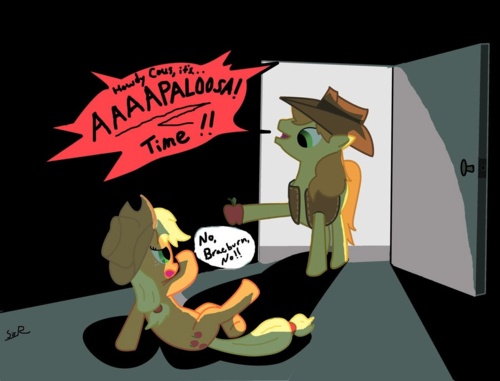 Size: 500x381 | Tagged: applejack, artist needed, braeburn, derpibooru import, exploitable meme, goofy time, meme, safe