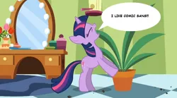 Size: 854x475 | Tagged: comic sans, derpibooru import, edit, edited screencap, exploitable meme, green isn't your color, meme, potted plant, safe, screencap, secret pot meme, solo, speech bubble, trolling, twilight sparkle