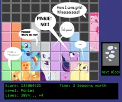 Size: 1500x1256 | Tagged: applejack, artist:muggyheatwave, derpibooru import, dialogue, fluttershy, implied derpy, mane six, pinkie pie, rainbow dash, rarity, safe, tetris, twilight sparkle, video game