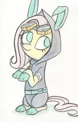 Size: 1609x2531 | Tagged: safe, artist:infinitebadness, derpibooru import, fluttershy, pegasus, pony, bunny ears, clothes, costume, cute, dangerous mission outfit, female, goggles, hoodie, mare, simple background, solo, traditional art