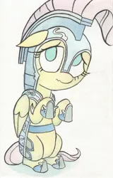 Size: 1622x2531 | Tagged: armor, artist:infinitebadness, derpibooru import, fluttershy, safe, simple background, solo, traditional art