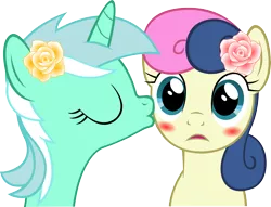 Size: 5000x3825 | Tagged: safe, artist:artpwny, derpibooru import, bon bon, lyra heartstrings, sweetie drops, absurd resolution, blushing, female, flower, flower in hair, kiss on the cheek, kissing, lesbian, lyrabon, rose, shipping