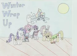 Size: 3501x2550 | Tagged: angel bunny, applejack, artist:poknees, clothes, cloud, derpibooru import, fluttershy, ice skates, mane six, pinkie pie, rainbow dash, rarity, safe, sun, traditional art, twilight sparkle, vest, winter wrap up