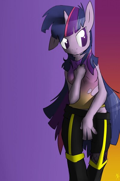 Size: 853x1280 | Tagged: anthro, artist:cymek, clothes, derpibooru import, messy mane, safe, solo, torn clothes, twilight sparkle