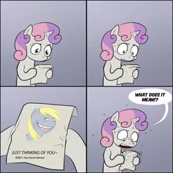 Size: 900x900 | Tagged: safe, artist:lemondevil, derpibooru import, derpy hooves, sweetie belle, pegasus, pony, creepy, exploitable meme, female, mare, meme, obligatory pony, rape rodent, romantic, sweetie's note meme