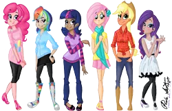 Size: 5100x3300 | Tagged: applejack, artist:pa0oliitahw, breasts, clothes, converse, delicious flat chest, derpibooru import, dress, flattershy, fluttershy, human, humanized, line-up, mane six, pinkie pie, rainbow dash, rarity, safe, shoes, skinny, skirt, twilight sparkle