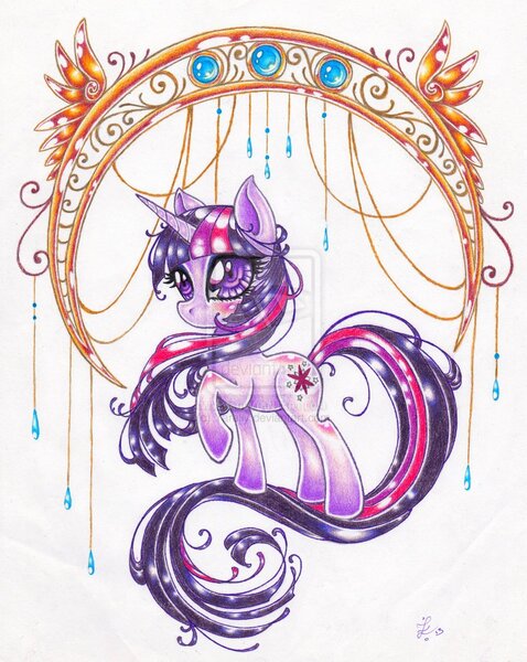 Size: 900x1129 | Tagged: dead source, safe, artist:yarelly, derpibooru import, twilight sparkle, pony, unicorn, deviantart watermark, female, mare, obtrusive watermark, solo, traditional art, watermark