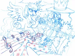 Size: 900x675 | Tagged: artist:irie-mangastudios, brook, crossover, derpibooru import, music, musical instrument, night, one piece, princess luna, safe, violin