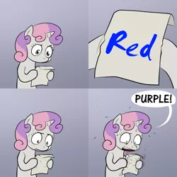 Size: 900x900 | Tagged: color text brain-teaser, derpibooru import, edit, exploitable meme, meme, obligatory pony, paper, safe, stroop effect, sweetie belle, sweetie's note meme