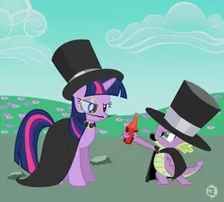 Size: 500x451 | Tagged: artist:neodarkwing, cloak, clothes, derpibooru import, evil, fake moustache, food, hat, ketchup, monocle, safe, sauce, spike, spikely whiplash, top hat, twilight sparkle