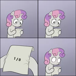 Size: 900x900 | Tagged: safe, derpibooru import, sweetie belle, pony, robot, unicorn, comic, divide by zero, exploitable meme, female, filly, foal, hooves, horn, logic bomb, meme, obligatory pony, solo, sweetie bot, sweetie's note meme, xk-class end-of-the-world scenario