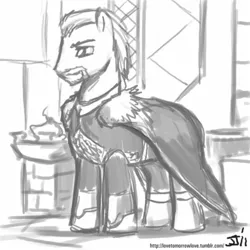 Size: 500x500 | Tagged: safe, artist:johnjoseco, derpibooru import, ponified, pony, ask gaming princess luna, clothed ponies, grayscale, jarl, monochrome, skyrim, the elder scrolls, ulfric stormcloak