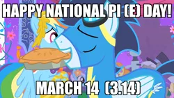 Size: 1280x720 | Tagged: caption, clothes, derpibooru import, dress, food, gala dress, image macro, mouth hold, pi day, pie, rainbow dash, safe, screencap, soarin', text, that pony sure does love pies