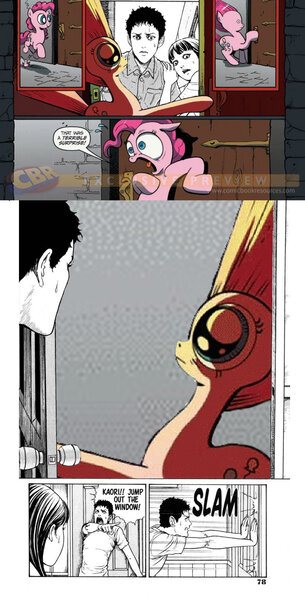 Size: 900x1773 | Tagged: crossover, derpibooru, derpibooru import, exploitable meme, gyo, junji ito, juxtaposition, kaori, meme, meta, obligatory pony, pinkie pie, role reversal, safe, surprise door, tadashi