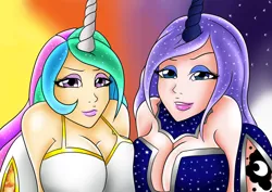 Size: 900x636 | Tagged: artist:viracon, breasts, busty princess celestia, busty princess luna, cleavage, derpibooru import, female, horn, horned humanization, human, humanized, princess celestia, princess luna, suggestive