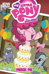 Size: 900x1366 | Tagged: artist:sibsy, balloon, cake, comic, cover, derpibooru import, female, filly, food, idw, limestone pie, marble pie, party, pie sisters, pinkie pie, safe, siblings, sisters, younger