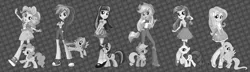 Size: 2500x718 | Tagged: safe, derpibooru import, edit, applejack, fluttershy, pinkie pie, rainbow dash, rarity, twilight sparkle, earth pony, pegasus, pony, unicorn, equestria girls, box art, cardboard twilight, crossed arms, eqg promo pose set, equestria girls plus, flying, grayscale, hand on hip, lidded eyes, looking at you, meme, monochrome, open mouth, raised hoof, raised leg, rearing, smiling, spread wings, stock vector, vector, wings