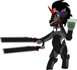 Size: 2086x1909 | Tagged: safe, artist:jewelsfriend, derpibooru import, king sombra, cyborg, pony, bipedal, brain, crossover, gak, jar, konami, mask, metal gear, metal gear rising, sundowner, sword, weapon