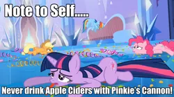 Size: 1280x716 | Tagged: safe, derpibooru import, edit, edited screencap, screencap, applejack, pinkie pie, rainbow dash, twilight sparkle, earth pony, pegasus, pony, unicorn, games ponies play, caption, confetti, crystal empire, exhausted, female, hangover, image macro, mare, meme, party cannon, prone, streamers, text, unicorn twilight