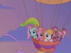 Size: 640x480 | Tagged: safe, derpibooru import, screencap, cheerilee (g3), pinkie pie (g3), rainbow dash (g3), toola roola, pony, twinkle wish adventure, balloon, g3, g3.5, hot air balloon, sky