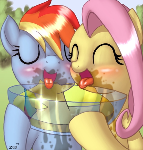 Size: 1000x1049 | Tagged: questionable, artist:zed001, derpibooru import, fluttershy, rainbow dash, blushing, bowl, eyes closed, female, fetish, flutterdash, image, jpeg, lesbian, pee in container, piss drinking, shipping, urine, watersports