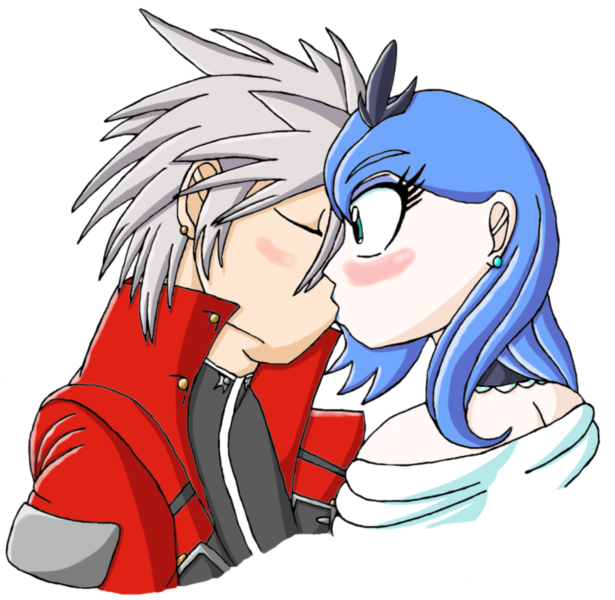 Size: 900x878 | Tagged: artist:eradose, blazblue, crossover, crossover shipping, derpibooru import, female, first kiss, human, humanized, kissing, male, princess luna, ragna the bloodedge, safe, shipping, straight