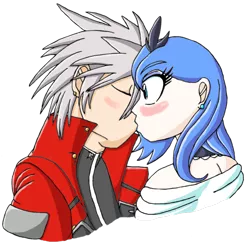 Size: 900x878 | Tagged: artist:eradose, blazblue, crossover, crossover shipping, derpibooru import, female, first kiss, human, humanized, kissing, male, princess luna, ragna the bloodedge, safe, shipping, straight